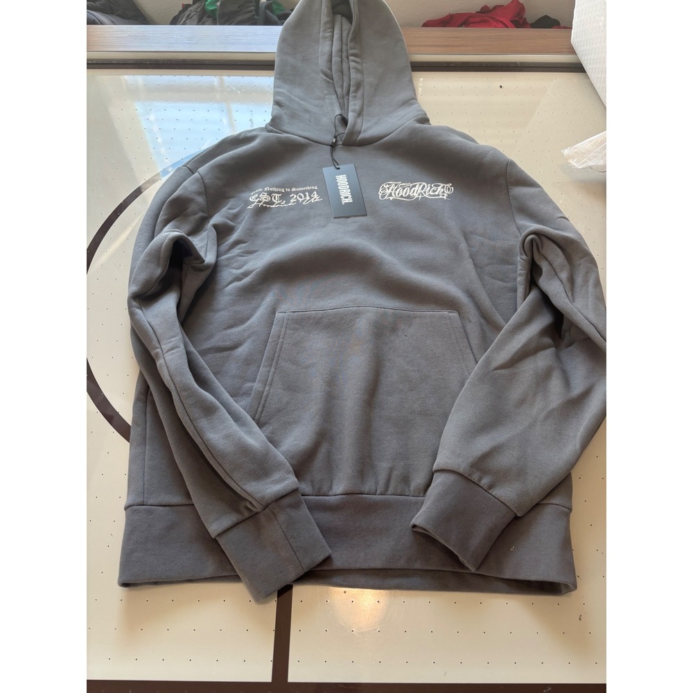 Hoodrich Mens British Streetwear Hoodie Grey Graphic Pullover  Medium